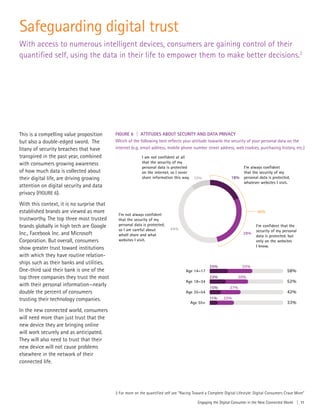 Safeguarding digital trust
With access to numerous intelligent devices, consumers are gaining control of their
quantified self, using the data in their life to empower them to make better decisions.2
This is a compelling value proposition
but also a double-edged sword. The
litany of security breaches that have
transpired in the past year, combined
with consumers growing awareness
of how much data is collected about
their digital life, are driving growing
attention on digital security and data
privacy (FIGURE 6).
With this context, it is no surprise that
established brands are viewed as more
trustworthy. The top three most trusted
brands globally in high tech are Google
Inc., Facebook Inc. and Microsoft
Corporation. But overall, consumers
show greater trust toward institutions
with which they have routine relation-
ships such as their banks and utilities.
One-third said their bank is one of the
top three companies they trust the most
with their personal information—nearly
double the percent of consumers
trusting their technology companies.
In the new connected world, consumers
will need more than just trust that the
new device they are bringing online
will work securely and as anticipated.
They will also need to trust that their
new device will not cause problems
elsewhere in the network of their
connected life.
FIGURE 6 | ATTITUDES ABOUT SECURITY AND DATA PRIVACY
Which of the following best reﬂects your attitude towards the security of your personal data on the
internet (e.g. email address, mobile phone number street address, web cookies, purchasing history, etc.)
Engaging the Digital Consumer in the New Connected World | 11
58%
52%
42%
33%
Age 14–17
I’m always confident
that the security of my
personal data is protected,
whatever websites I visit.
I am not confident at all
that the security of my
personal data is protected
on the internet, so I never
share information this way.
I’m confident that the
security of my personal
data is protected, but
only on the websites
I know.
I’m not always confident
that the security of my
personal data is protected,
so I am careful about
whatI share and what
websites I visit.
Age 18–34
Age 35–54
Age 55+
11%
15%
22%
25%
18%
22%
27%
30%
33%
28%
46%
44%
10%
2 For more on the quantified self see “Racing Toward a Complete Digital Lifestyle: Digital Consumers Crave More”
 