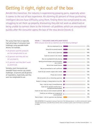 Engaging the Digital Consumer in the New Connected World | 5
Getting it right, right out of the box
Amidst this transition, the industry is experiencing growing pains, especially when
it comes to the out of box experience. An alarming 83 percent of those purchasing
intelligent devices have difficulty using them, finding them too complicated to use,
struggling to set them up properly, discovering they did not work as advertised or
being unable to connect them to the Internet—all problems which are encountered
quickly after the consumer opens the box of the new device (FIGURE 3).
The survey finds that an especially
high percentage of consumers have
challenges using wearable health
devices. For example,
• 24 percent said the products
are too complicated to use
• 22 percent said they did not
set up properly
• 21 percent said they don’t work
as advertised.
Similarly, smart thermostat and
wearable fitness monitor use creates
challenges: 23 percent and 20 percent
of respondents, respectively, said they
were too complicated to use.
FIGURE 3 | CHALLENGES USING INTELLIGENT DEVICES
While using your device did you experience any of the following challenges?
BASE DEFINITION: All respondents owning at least one of the following devices: in-vehicle entertainment system,
wearable health device, wearable ﬁtness monitor, home surveillance system, smart thermostat or smartwatch
(n=5964)
21%
19%
19%
19%
17%
15%
15%
15%
12%
11%
7%
Was too complicated to use
Setup did not proceed properly
Did not work as advertised
Could not connect to the internet
Was not visually/aesthetically pleasing
Getting accessories/spare parts/consumables
was a concern
Did not have needed features
Was not personalized to user’s preference
Could not get customer support when needed
Privacy was a concern
Did not provide a fun or interesting experience
6%
5%
Needed to recharge or change batteries too often
Slow — took too long to stream/download
4%
4%
Could not be operated remotely from a
smartphone/computer/tablet
Could not share status on social networks optimally
2%
17%
Could not use with/was not recognized by
service providers
None of above — did not experience any challenges
 
