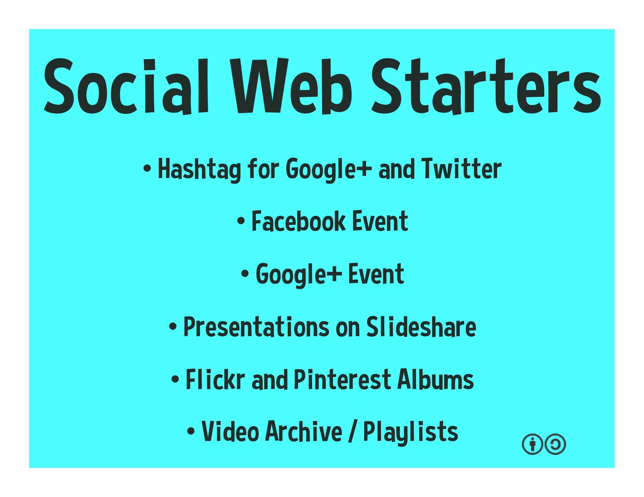 Recommendations
• Free Wi-Fi
• Live streaming and Archived Videos
• Public Photo Safaris and Sound Walks
• Contests and Awards
• Wiki !
 