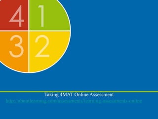 Taking 4MAT Online Assessment
http://aboutlearning.com/assessments/learning-assessments-online
 