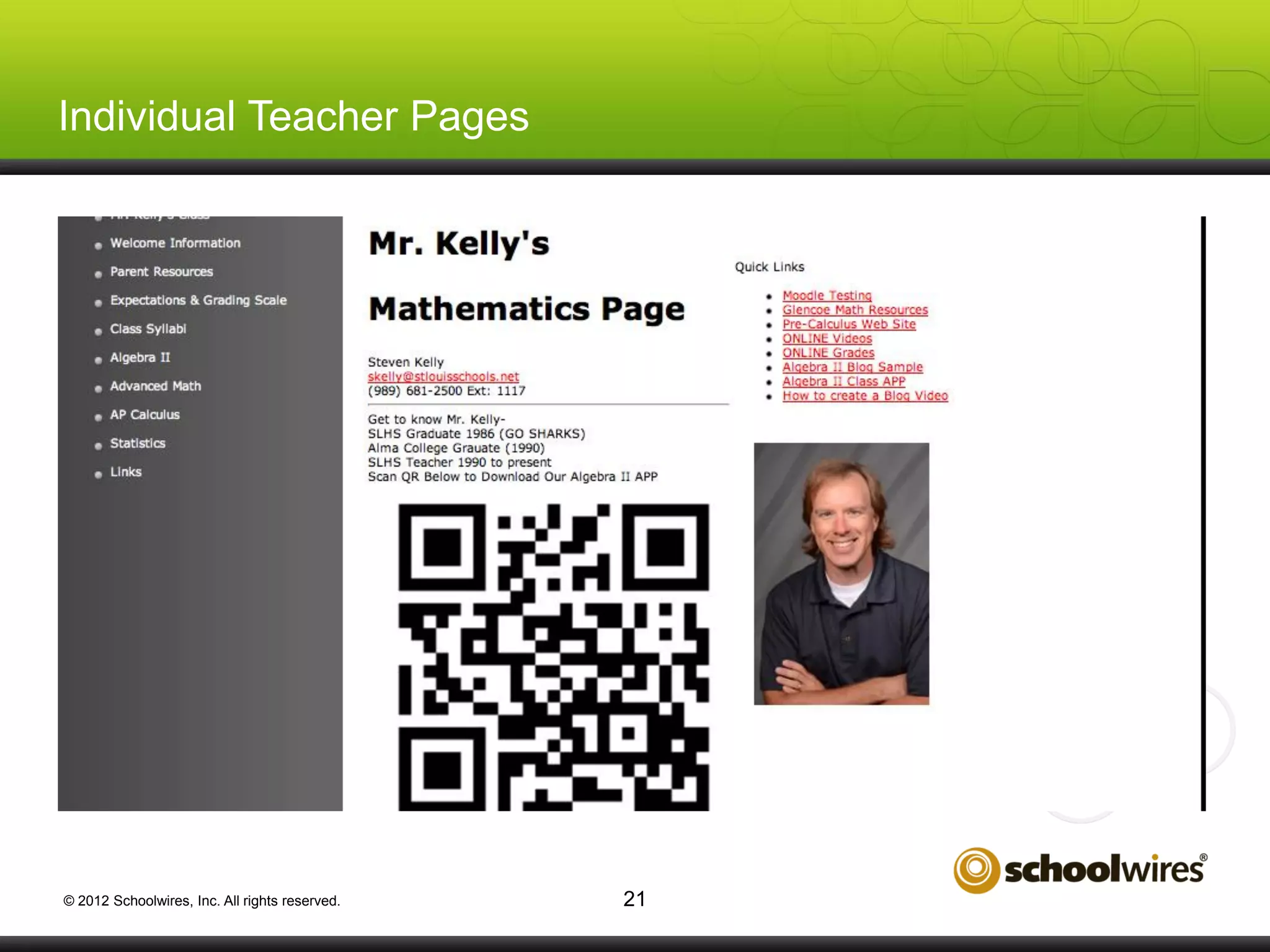 Individual Teacher Pages

© 2012 Schoolwires, Inc. All rights reserved.

21

 