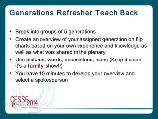 • Break into groups of 5 generations
• Create an overview of your assigned generation on flip
charts based on your own experience and knowledge as
well as what was shared in the plenary
• Use pictures, words, descriptions, icons (Keep it clean –
it’s a family show!!)
• You have 10 minutes to develop your overview and
select a spokesperson
Generations Refresher Teach Back
 