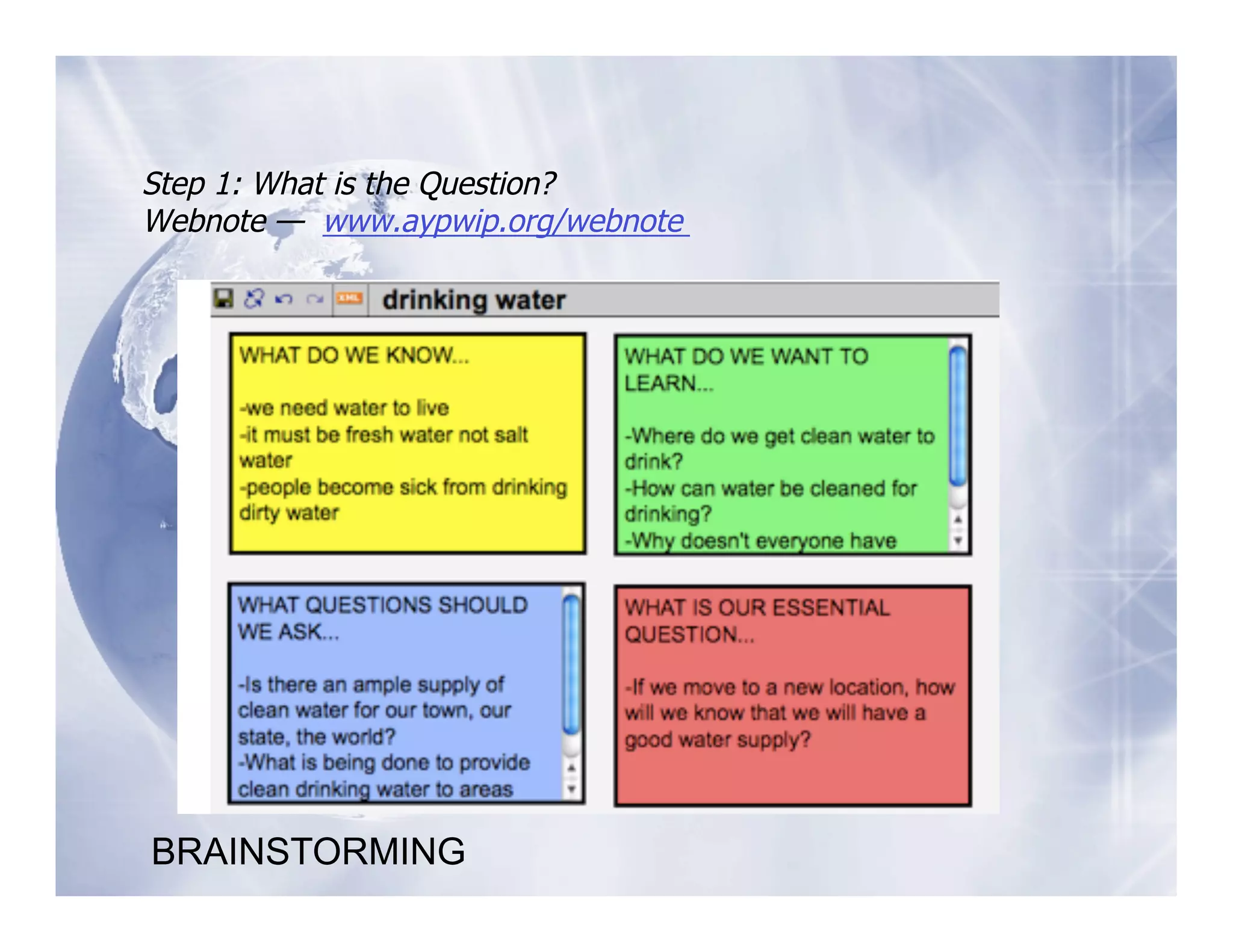Step 1: What is the Question?
Webnote — www.aypwip.org/webnote




BRAINSTORMING
 
