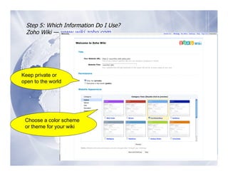 Step 5: Which Information Do I Use?
  Zoho Wiki — www.wiki.zoho.com




Keep private or
open to the world                       New page 




                                        Navigate 


 Choose a color scheme
 or theme for your wiki
                                        History 
 