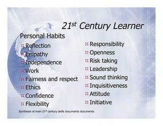 21st         Century Learner
Personal Habits
 Reflection                                      Responsibility
 Empathy                                         Openness
 Independence                                    Risk taking
 Work                                            Leadership
 Fairness and respect                            Sound thinking
 Ethics                                          Inquisitiveness
 Confidence                                      Attitude
 Flexibility                                     Initiative
Synthesis of main 21st century skills documents documents
 
