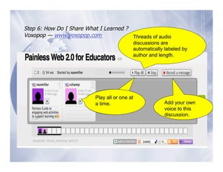 Step 6: How Do I Share What I Learned ?
Voxopop — www.voxopop.com               Threads of audio
                                            discussions are
                                            automatically labeled by
                                            author and length.




                           Play all or one at
                           a time
                             time.                       Add your own
                                                         voice to this
                                                         discussion.
 