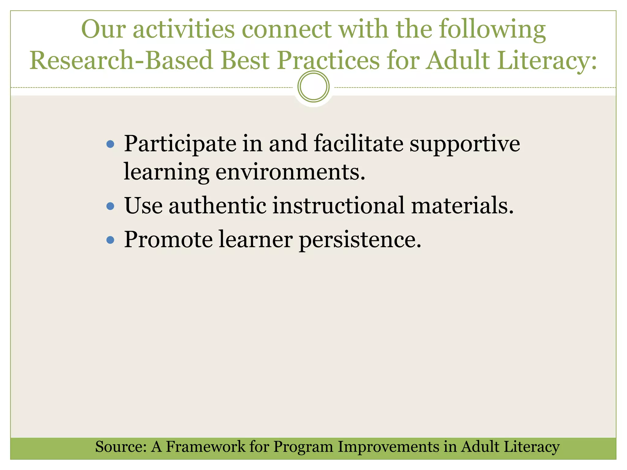 Our activities connect with the following
Research-Based Best Practices for Adult Literacy:
 Participate in and facilitate supportive
learning environments.
 Use authentic instructional materials.
 Promote learner persistence.
Source: A Framework for Program Improvements in Adult Literacy
 
