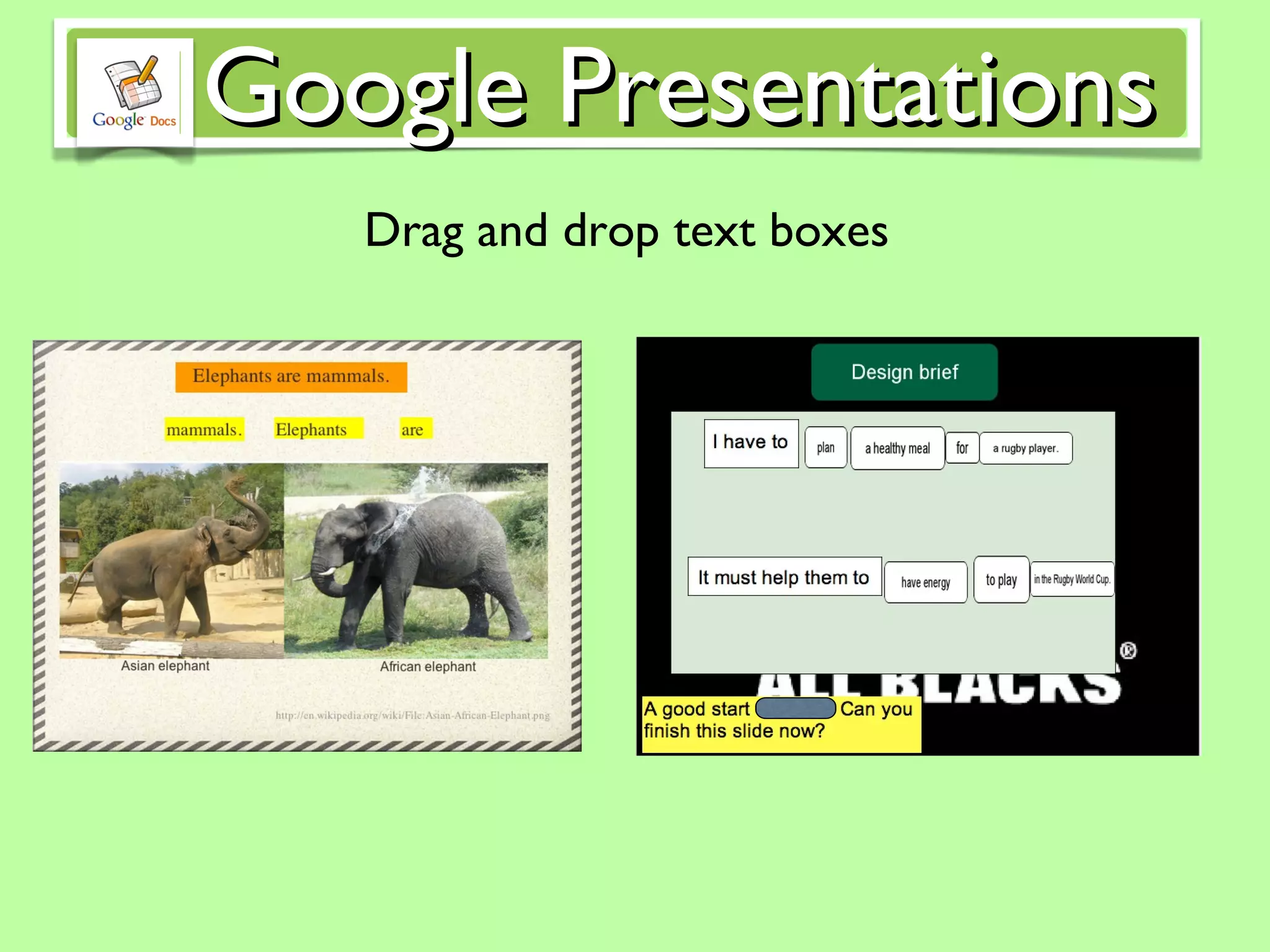 Drag and drop text boxes Google Presentations