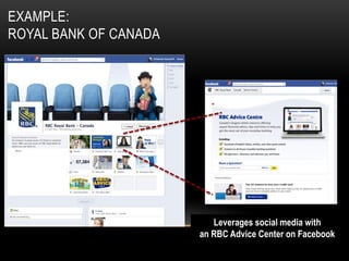 EXAMPLE:
ROYAL BANK OF CANADA




                          Leverages social media with
                       an RBC Advice Center on Facebook
 