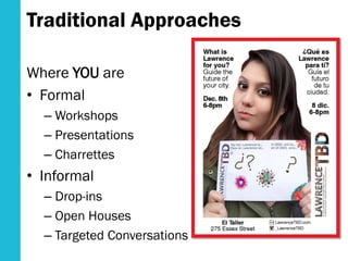 Traditional Approaches
Where YOU are
• Formal
– Workshops
– Presentations
– Charrettes
• Informal
– Drop-ins
– Open Houses
– Targeted Conversations
 
