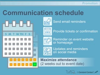 Promotion
Communication schedule
Maximize attendance
(2 weeks out to event date)
Provide tickets or confirmation
Send email reminders
Reminder on event website
or homepage
Updates and reminders
on social media
 