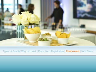 Types of Events| Why run one? | Promotion | Registration | Post-event | Next Steps
 