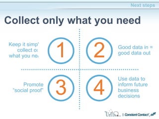 Next steps
Collect only what you need
2
43
Good data in =
good data out
Promote
“social proof”
Use data to
inform future
business
decisions
2
SUBMIT
1
SURVEY
Keep it simple,
collect only
what you need 1
 