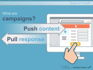 Pull response
Types of events
What are
campaigns?
Push content
 