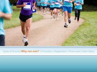 Types of Events| Why run one? | Promotion | Registration | Post-event | Next Steps
 