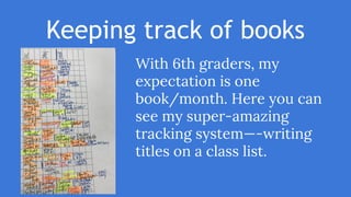Keeping track of books
With 6th graders, my
expectation is one
book/month. Here you can
see my super-amazing
tracking system—-writing
titles on a class list.
 