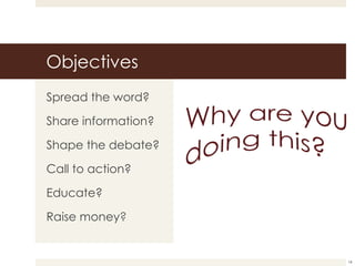 Objectives Spread the word? Share information? Shape the debate? Call to action? Educate? Raise money ? 