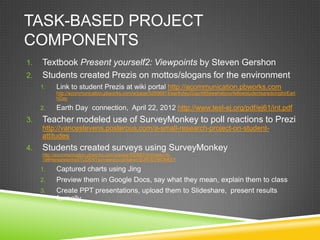 TASK-BASED PROJECT
COMPONENTS
1.   Textbook Present yourself2: Viewpoints by Steven Gershon
2.   Students created Prezis o...
