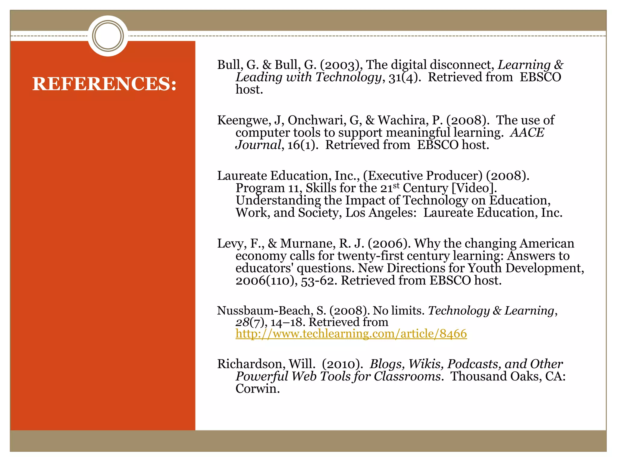 REFERENCES:Bull, G. & Bull, G. (2003), The digital disconnect, Learning & Leading with Technology, 31(4).  Retrieved from  EBSCO host.Keengwe, J, Onchwari, G, & Wachira, P. (2008).  The use of computer tools to support meaningful learning.  AACE Journal, 16(1).  Retrieved from  EBSCO host.Laureate Education, Inc., (Executive Producer) (2008).  Program 11, Skills for the 21st Century [Video].  Understanding the Impact of Technology on Education, Work, and Society, Los Angeles:  Laureate Education, Inc. Levy, F., & Murnane, R. J. (2006). Why the changing American economy calls for twenty-first century learning: Answers to educators' questions. New Directions for Youth Development, 2006(110), 53-62. Retrieved from EBSCO host.Nussbaum-Beach, S. (2008). No limits. Technology & Learning, 28(7), 14–18. Retrieved from http://www.techlearning.com/article/8466Richardson, Will.  (2010).  Blogs, Wikis, Podcasts, and Other Powerful Web Tools for Classrooms.  Thousand Oaks, CA:  Corwin.