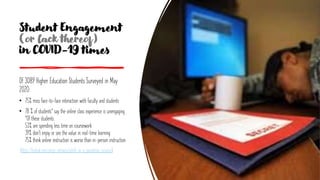 Student Engagement
(or lack thereof)
in COVID-19 times
Of 3089 Higher Education Students Surveyed in May
2020:
• 75% miss face-to-face interaction with faculty and students
• 78 % of students* say the online class experience is unengaging
*Of these students:
53% are spending less time on coursework
39% don’t enjoy or see the value in real-time learning
75% think online instruction is worse than in-person instruction
(https://tophat.com/press-releases/adrift-in-a-pandemic-survey/)
 