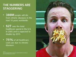 • 388M people will die
from chronic diseases in the
next 10 years worldwide.
• $2T was the total
healthcare spend in the U...