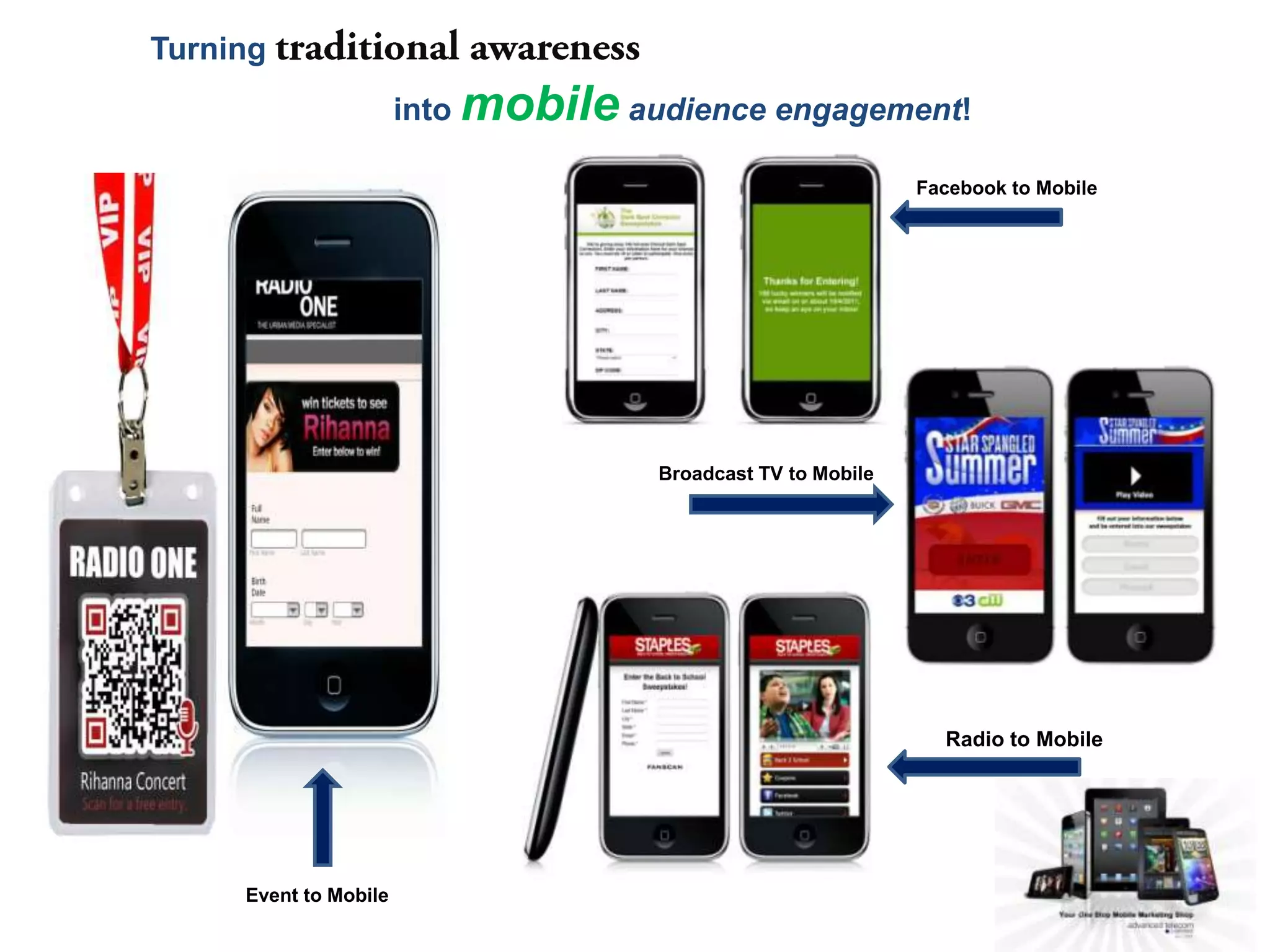 Turning
                       into mobile audience engagement!

                                                              Facebook to Mobile




                                     Broadcast TV to Mobile




                                                                Radio to Mobile




     Event to Mobile
 