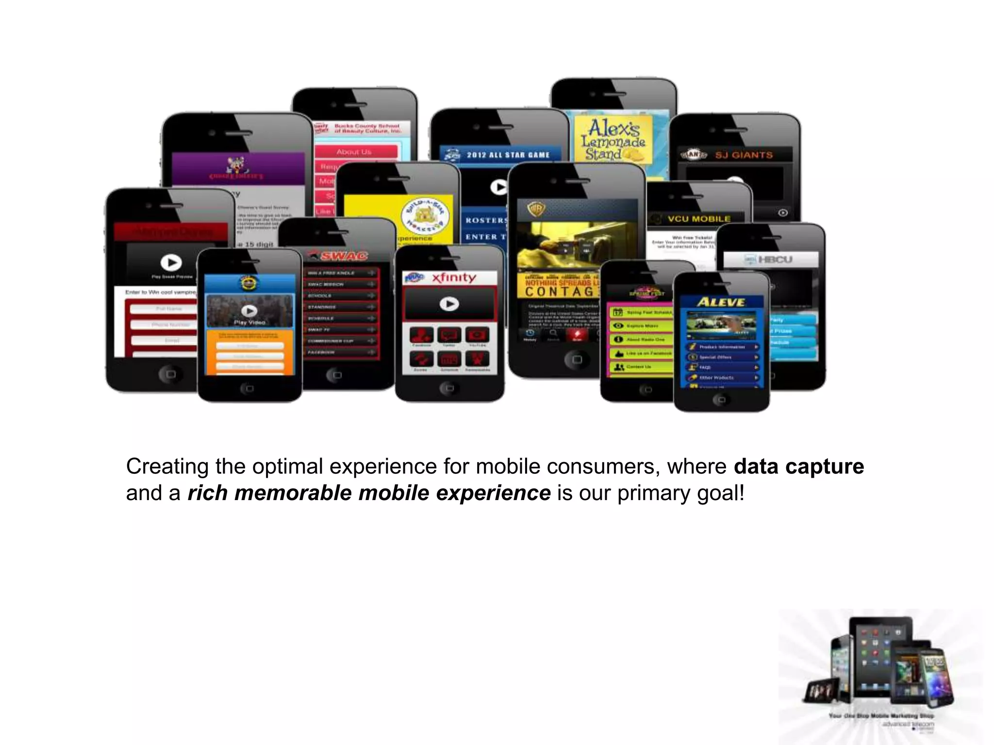 Creating the optimal experience for mobile consumers, where data capture
and a rich memorable mobile experience is our primary goal!
 