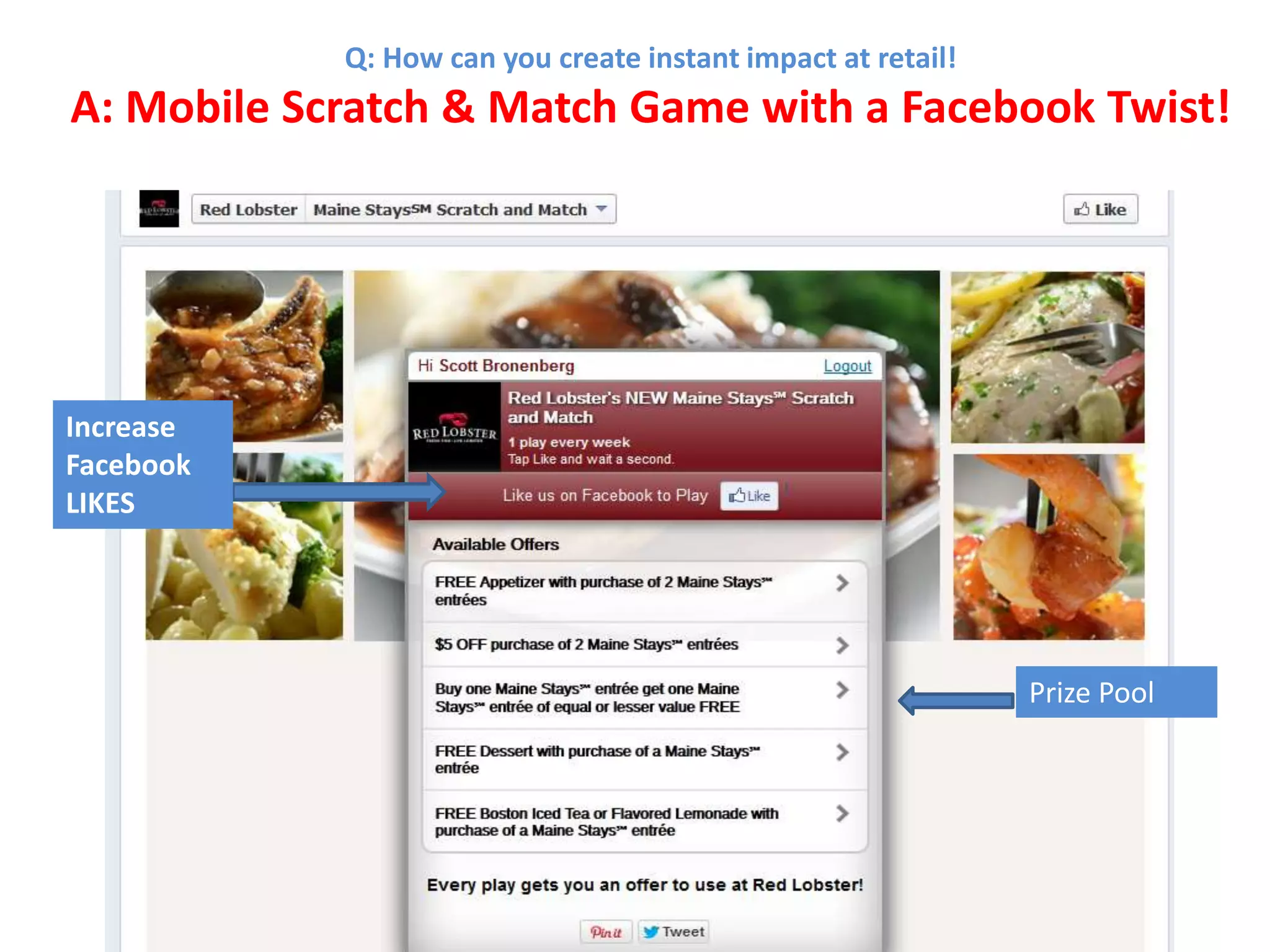 Q: How can you create instant impact at retail!
A: Mobile Scratch & Match Game with a Facebook Twist!




Increase
Facebook
LIKES




                                                              Prize Pool
 