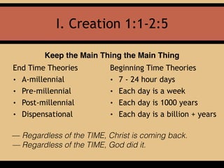 I. Creation 1:1-2:5
End Time Theories
• A-millennial
• Pre-millennial
• Post-millennial
• Dispensational
Keep the Main Thing the Main Thing
Beginning Time Theories
• 7 - 24 hour days
• Each day is a week
• Each day is 1000 years
• Each day is a billion + years
— Regardless of the TIME, Christ is coming back.
— Regardless of the TIME, God did it.
 