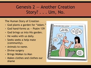 Genesis 2 — Another Creation
Story? . . . Um, No.
The Human Story of Creation
• God plants a garden for “Adam.”
• God hand-forms us — Psalm 139
• God brings us into His garden.
• He walks with us daily.
• Seeks seeks a help mate
(community).
• Animals to name.
• Divine surgery
• Brings WoMan to Man
• Makes clothes and clothes our
shame
 