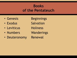 Books 
of the Pentateuch
• Genesis Beginnings
• Exodus Salvation
• Leviticus Holiness
• Numbers Wanderings
• Deuteronomy Renewal
 