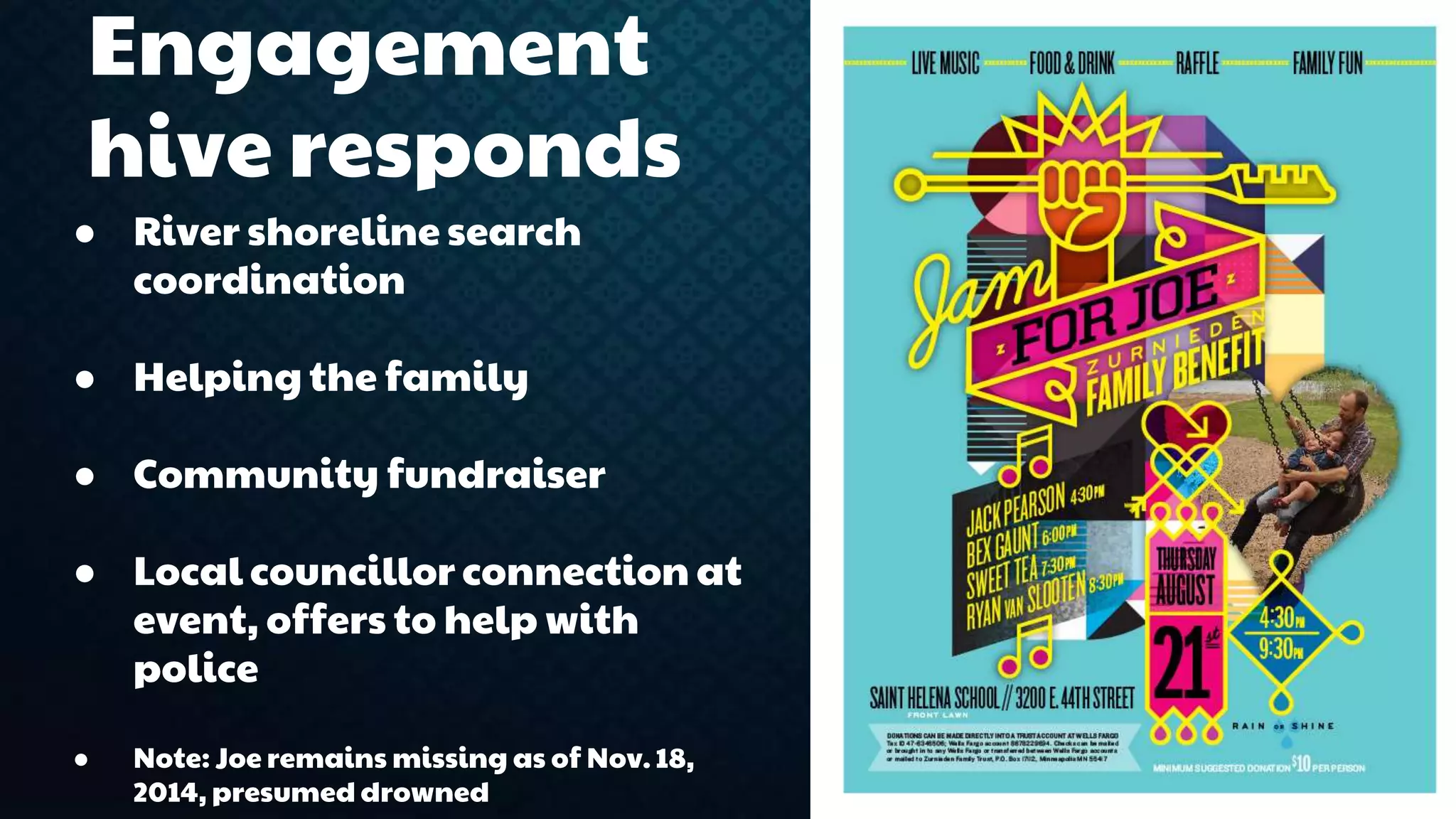 Engagement 
hive responds 
● River shoreline search 
coordination 
● Helping the family 
● Community fundraiser 
● Local councillor connection at 
event, offers to help with 
police 
● Note: Joe remains missing as of Nov. 18, 
2014, presumed drowned 
 