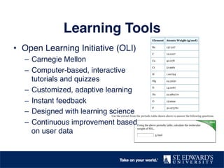Learning Tools! 
• Open Learning Initiative (OLI)! 
– Carnegie Mellon! 
– Computer-based, interactive 
tutorials and quizzes! 
– Customized, adaptive learning! 
– Instant feedback! 
– Designed with learning science! 
– Continuous improvement based 
on user data! 
! 
 