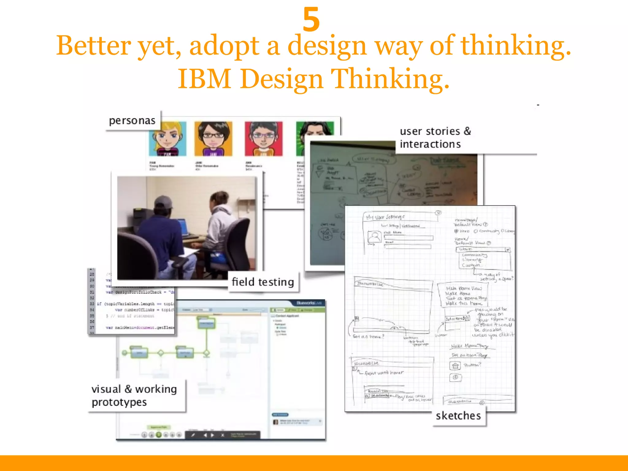 Better yet, adopt a design way of thinking.
IBM Design Thinking.
5
 