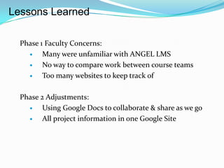 Lessons Learned

  Phase 1 Faculty Concerns:
        Many were unfamiliar with ANGEL LMS
        No way to compare work between course teams
        Too many websites to keep track of

  Phase 2 Adjustments:
        Using Google Docs to collaborate & share as we go
        All project information in one Google Site
 