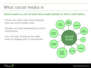 What social media is
Social media is a set of tools that enable people to share stuff online.

• There are many sites and ...