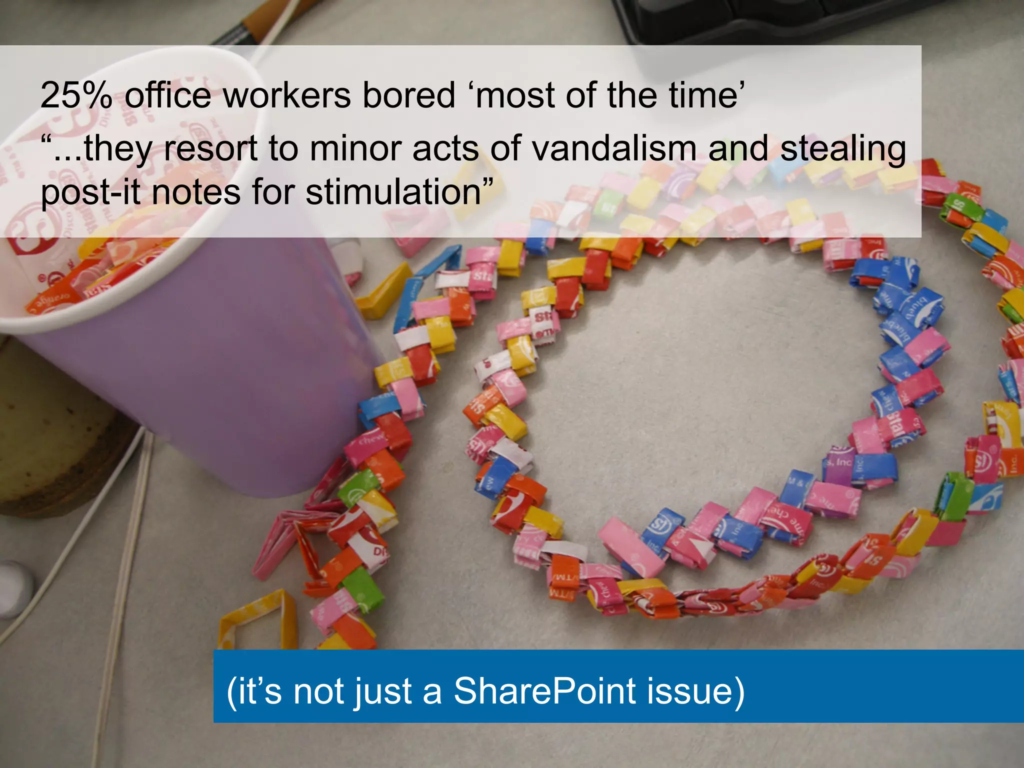 25% office workers bored ‘most of the time’ 
“...they resort to minor acts of vandalism and stealing 
post-it notes for stimulation” 
(it’s not just a SharePoint issue) 
 