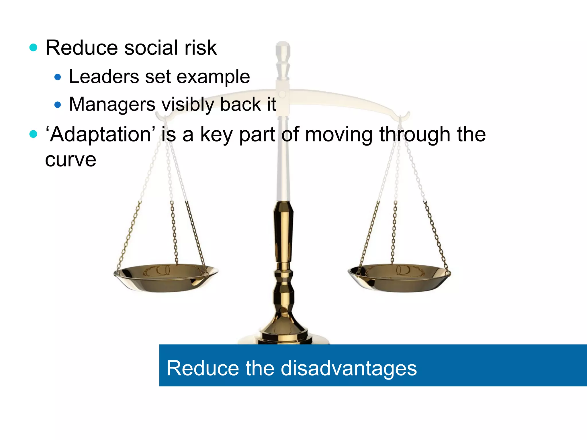 — Reduce social risk 
— Leaders set example 
— Managers visibly back it 
— ‘Adaptation’ is a key part of moving through the 
curve 
Reduce the disadvantages 
 