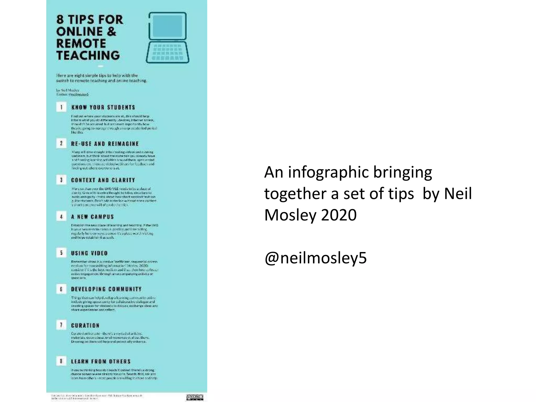 An infographic bringing
together a set of tips by Neil
Mosley 2020
@neilmosley5
 