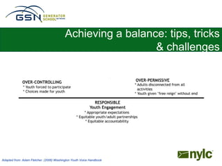 Achieving a balance: tips, tricks
                                                            & challenges




Adapted from: Adam Fletcher. (2006) Washington Youth Voice Handbook
 