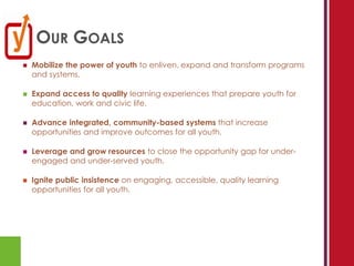 OUR GOALS
   Mobilize the power of youth to enliven, expand and transform programs
    and systems.

   Expand access to quality learning experiences that prepare youth for
    education, work and civic life.

   Advance integrated, community-based systems that increase
    opportunities and improve outcomes for all youth.

   Leverage and grow resources to close the opportunity gap for under-
    engaged and under-served youth.

   Ignite public insistence on engaging, accessible, quality learning
    opportunities for all youth.
 