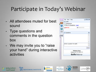 Participate in Today’s Webinar
•   All attendees muted for best
    sound
•   Type questions and
    comments in the question
    box
•   We may invite you to “raise
    your hand” during interactive
    activities


                                     3
 