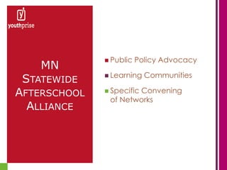  Public   Policy Advocacy
    MN
               Learning   Communities
 STATEWIDE
AFTERSCHOOL    Specific
                      Convening
               of Networks
  ALLIANCE
 