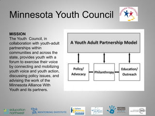 Minnesota Youth Council
MISSION
The Youth Council, in
collaboration with youth-adult
partnerships within
communities and across the
state, provides youth with a
forum to exercise their voice
by connecting and mobilizing
youth voice and youth action,
discussing policy issues, and
advising the work of the
Minnesota Alliance With
Youth and its partners.




                                 43
 