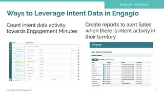 Copyright ©2019, Engagio Inc.
Ways to Leverage Intent Data in Engagio
12
Count intent data activity
towards Engagement Minutes
Engagio + Bombora
Create reports to alert Sales
when there is intent activity in
their territory
 