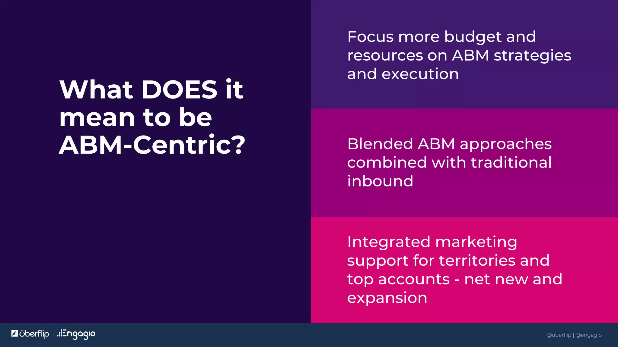 Kickoff
What DOES it
mean to be
ABM-Centric?
Focus more budget and
resources on ABM strategies
and execution
Blended ABM approaches
combined with traditional
inbound
Integrated marketing
support for territories and
top accounts - net new and
expansion
7
@uberflip | @engagio
 