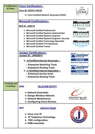 Certifications
&Titles:
Cisco Certification:-
Cisco ID :CSCO11140722
Cisco Certified Network Associate (CCNA)
Microsoft Certifications:-
MCP ID : 3598719
Microsoft Certified Professional
Microsoft Certified Systems Administrator
Microsoft Certified Systems Engineer
Microsoft Certified Systems Engineer: Security
Microsoft Certified Technology Specialist
Microsoft Certified IT Professional
Microsoft Certified Trainer
Juniper Certifications:-
Juniper ID : JPR55974
J>Certified Internet Associate :-
- Enterprise Switching Track.
- Enterprise Routing Track.
J >Certified Internet Specialist :-
- Enhanced service track.
- Enterprise Routing Track.
Training and
workshop: 2006 TELECOM EGYPT
Network Essentials.
Design Wireless Network.
Network Maintenance.
Configuring Cisco Devices.
2007 Jelecom Egypt
Voice over IP.
IP Telephony Technology.
PBX configuration.
GSM essentials.
 