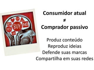 Consumidor atual ≠ Comprador passivoProduz conteúdoReproduz ideiasDefende suas marcasCompartilha em suas redes