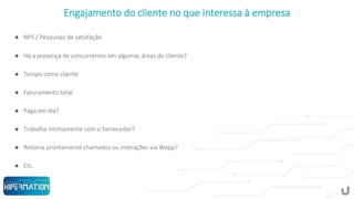 Engajamento do cliente no que interessa à empresa
● NPS / Pesquisas de satisfação
● Há a presença de concorrentes em algumas áreas do cliente?
● Tempo como cliente
● Faturamento total
● Paga em dia?
● Trabalha intimamente com o fornecedor?
● Retorna prontamente chamados ou interações via Wapp?
● Etc.
 