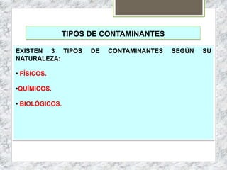 TIPOS DE CONTAMINANTES
EXISTEN 3 TIPOS DE CONTAMINANTES SEGÚN SU
NATURALEZA:
• FÍSICOS.
•QUÍMICOS.
• BIOLÓGICOS.
 